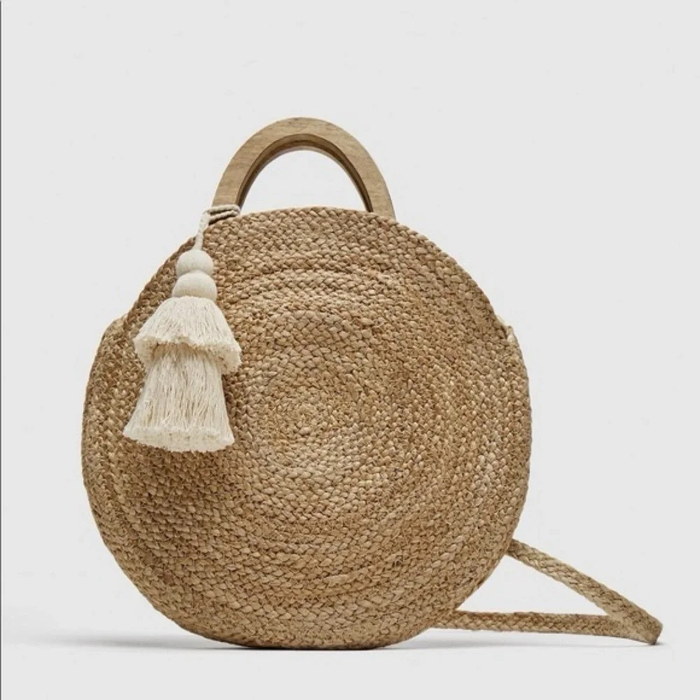 NWT ZARA Raffia Round Straw Basket Bag with Tassel - Picture 1 of 8